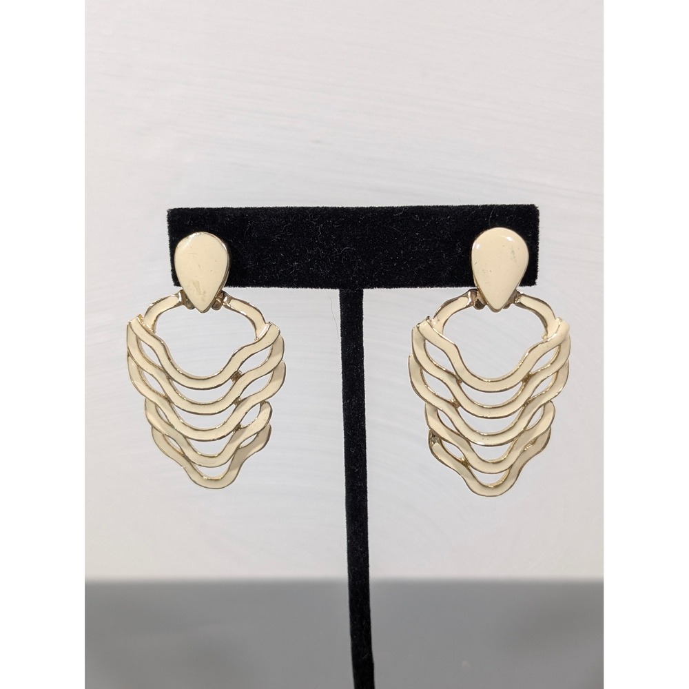Vintage Gold Tone Creamβ Enamel Dangle Earrings Layered Retro Statement